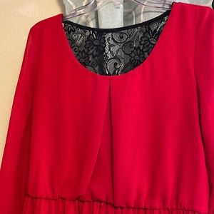 Cherry red flowy sheer sleeve back lace detail dress